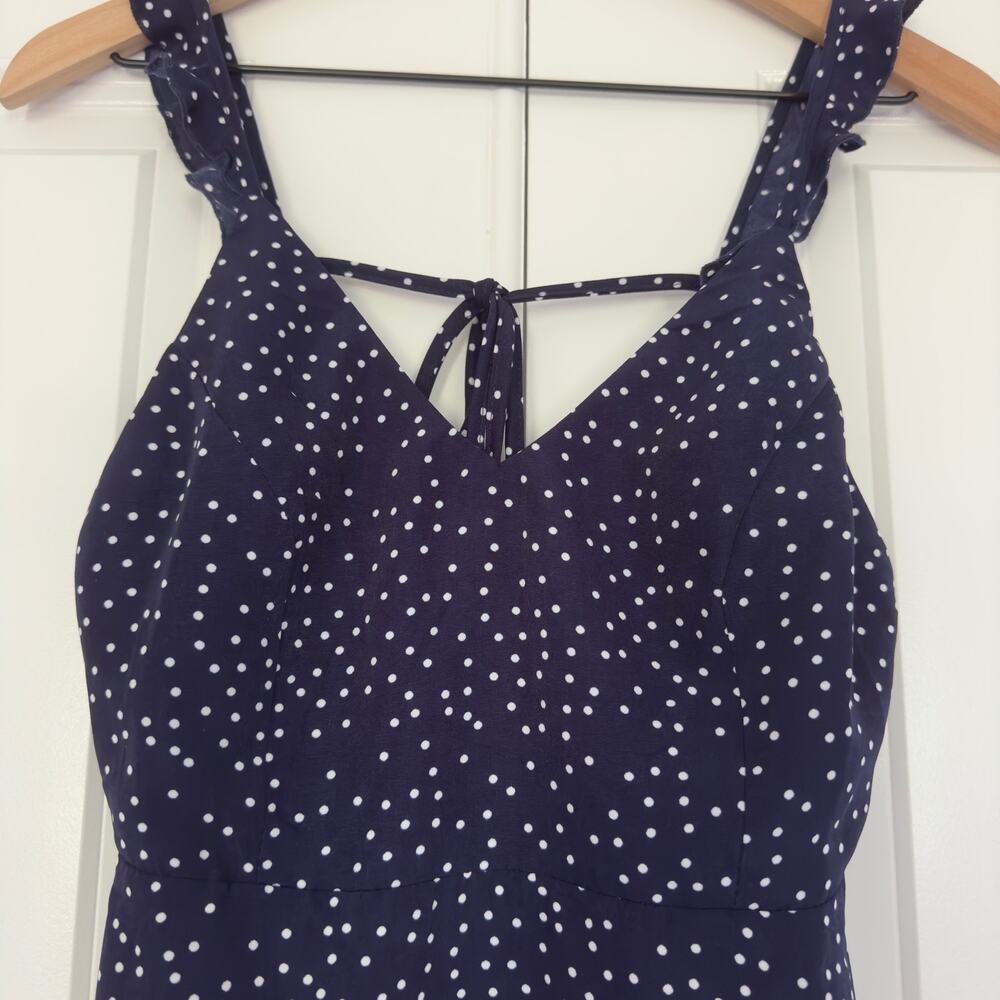 White Fox Polka Dot Mini Dress sleeveless ruffle tie bow back v-neck lightweight - Picture 5 of 14